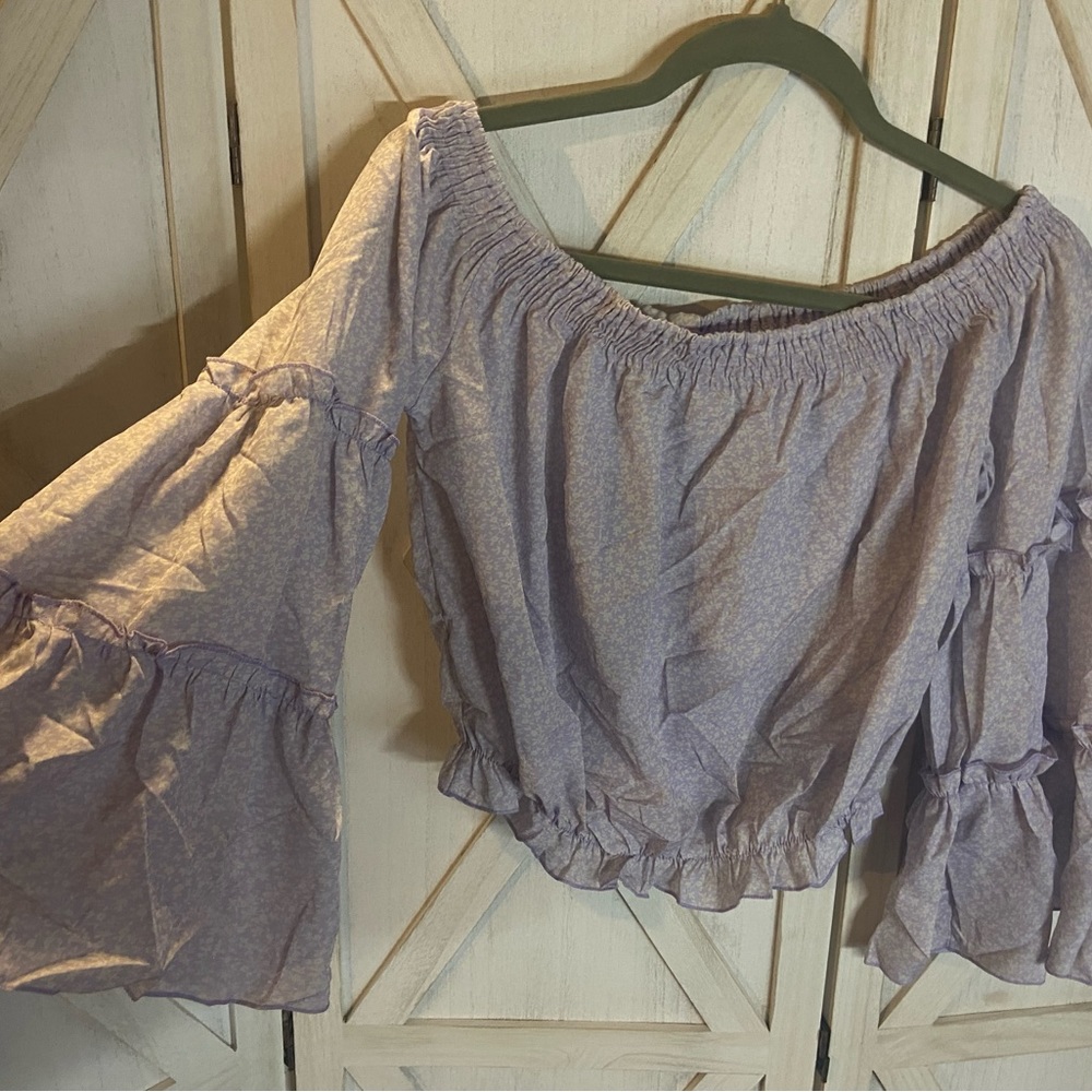 Women Purple Flower off the shoulder bell sleeve top_Large - Picture 9 of 12